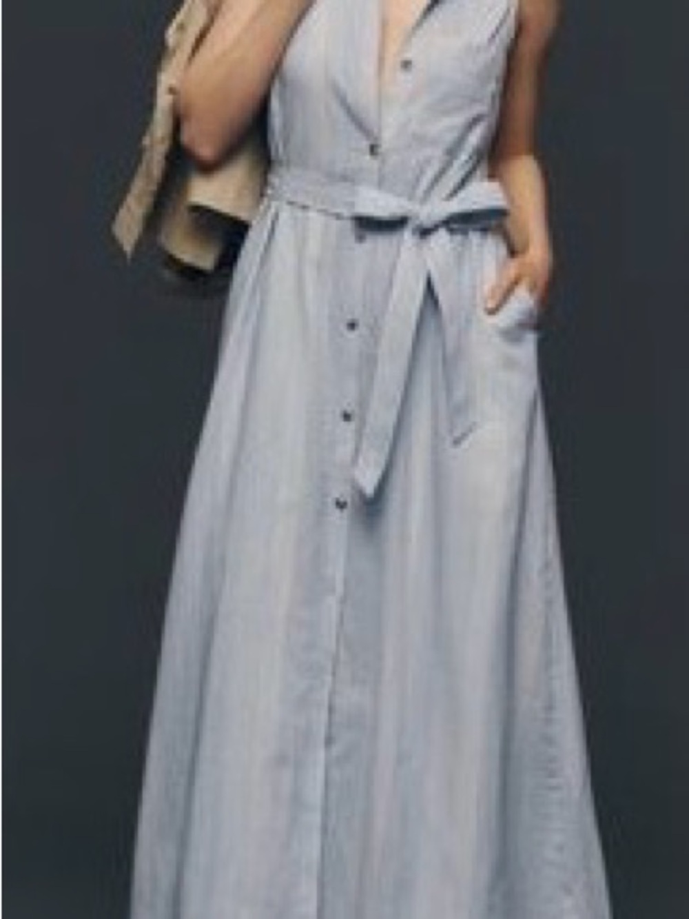 Anthropologie Pale Blue Button-Front Maxi Dress with Waist Tie Large petite